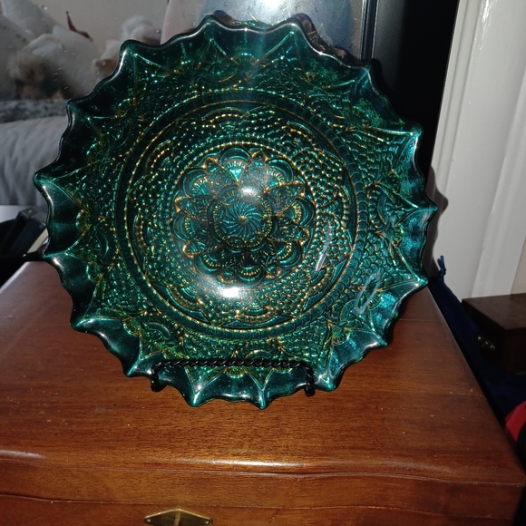 Turkish Glass Other Green Blue And Gold Glass Decorative Plate With